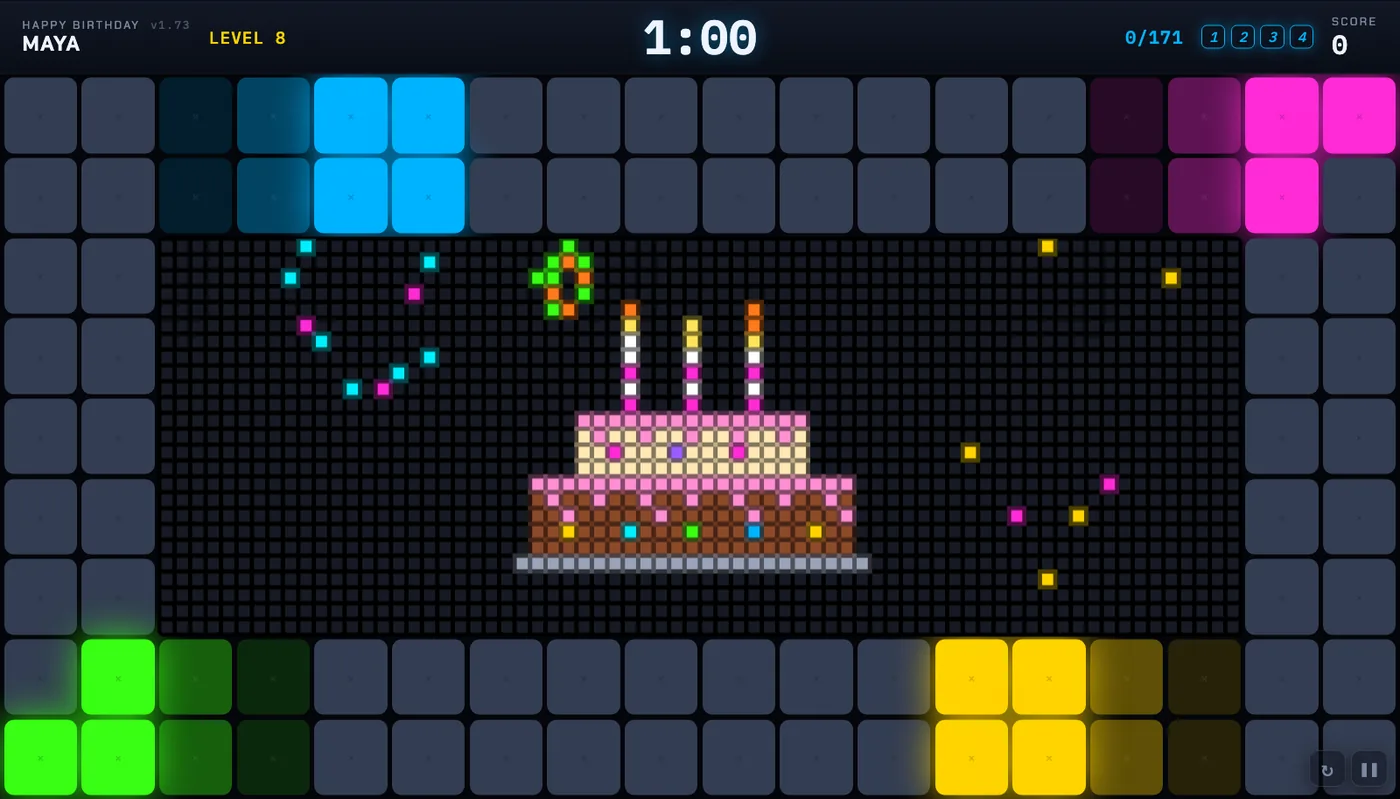 A pixel birthday cake with lit candles and fireworks on the LED sign