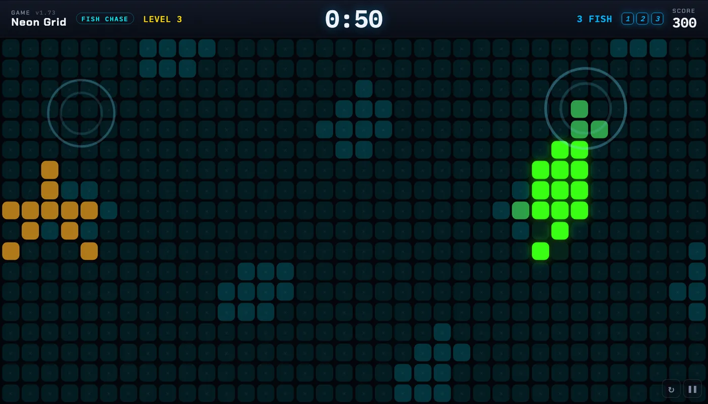 Fish Chase: a green pixel fish and an orange starfish on a rippling pond