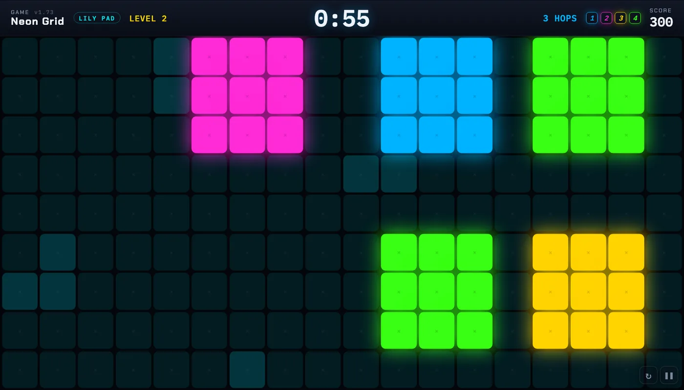 Lily Pad: coloured 3-by-3 pads on a dark floor