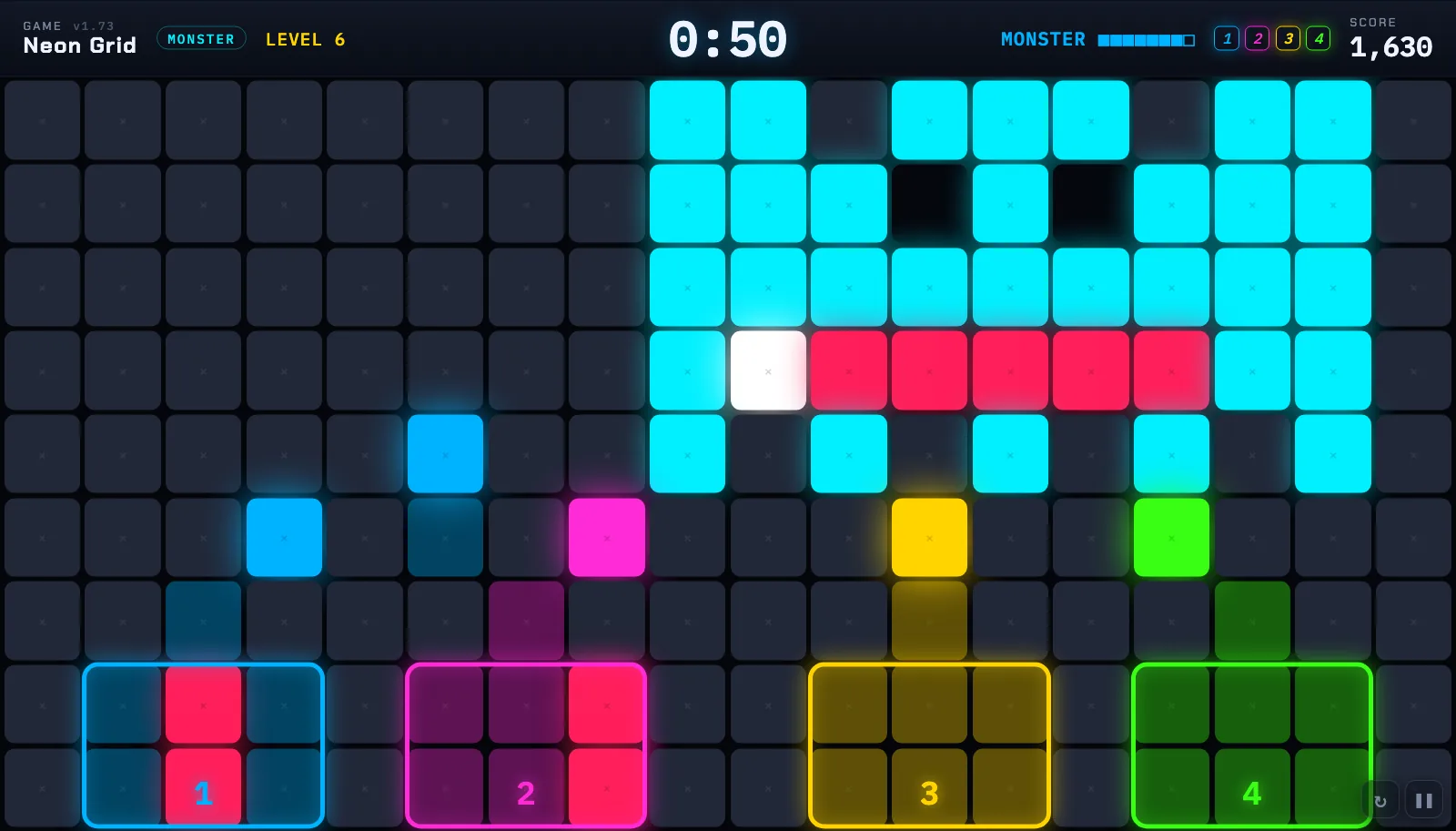 The Monster game projected as a grid of glowing tiles: a big cyan monster at the far end, four coloured player bases at the near end firing lasers