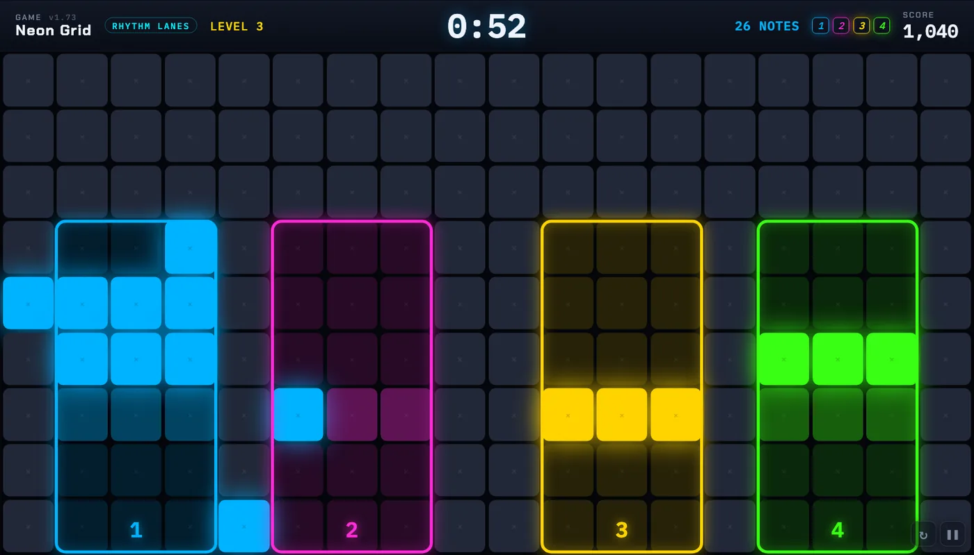 Rhythm Lanes: four lanes with notes falling toward a hit line