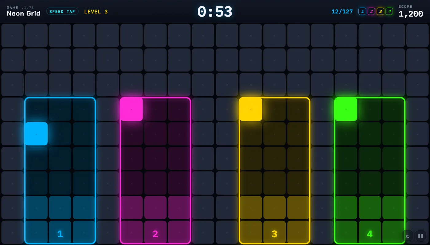 Speed Tap: four coloured lanes with a dot lit in each