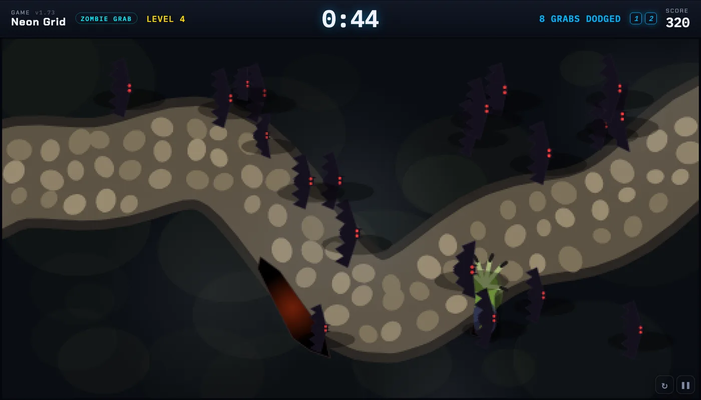 Zombie Grab: a winding stone path through fog with zombies rising at its edges